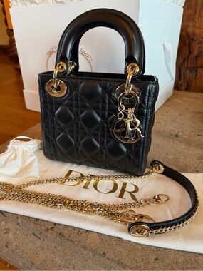 Auth. Mini Lady Dior Bag with Chain Black Cannage Leather